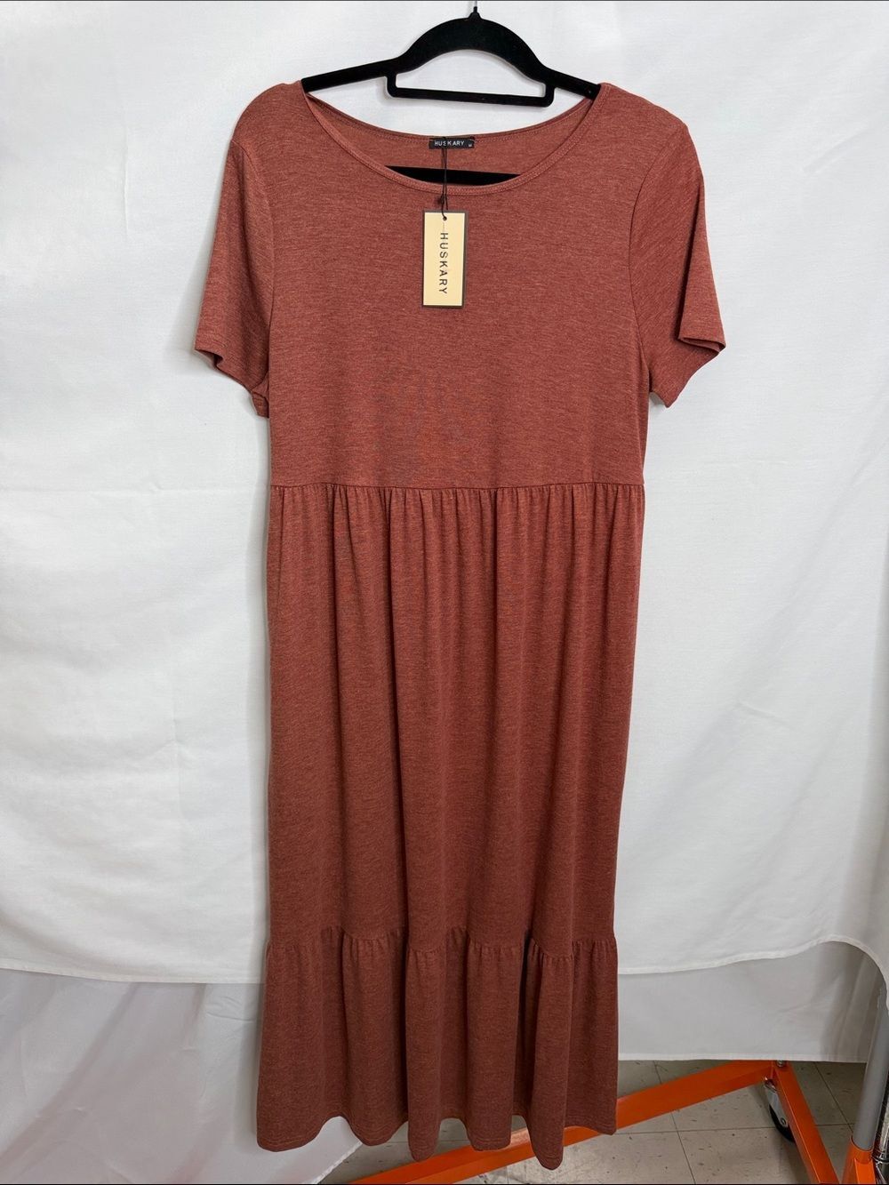 Huskary Rust Short-Sleeve Tiered Maxi Dress